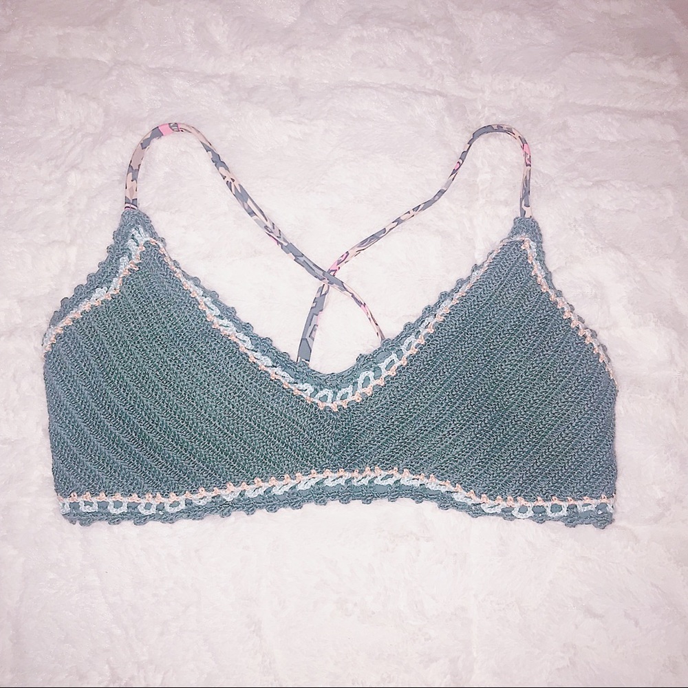 Green and Floral Knitted Bikini Top